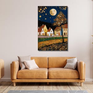 Gustav klimt, a village at night time, Ready To Hang, klimt art, Extra Large Wall Art, canvas wall art, night time decor, room decor,