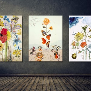 Set Of 3,Salvador Dali,Salvador Dali Painting,Museum Exhibition,Dali print art,Salvador Dali poster,dali flowers decor, butterfly flowers
