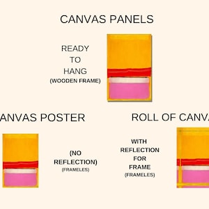 May include: Three different types of canvas prints: a canvas panel ready to hang with a wooden frame, a canvas poster with no reflection and no frame, and a roll of canvas with reflection for a frame. All three canvases have a yellow background, a red stripe, and a pink stripe.