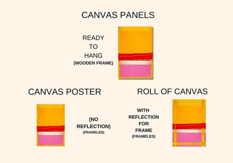 May include: Three different types of canvas prints: a canvas panel ready to hang with a wooden frame, a canvas poster with no reflection and no frame, and a roll of canvas with reflection for a frame. All three canvases have a yellow background, a red stripe, and a pink stripe.