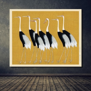 with Seven Cranes Bird illustration,Japanese Red Crown Cranes, By Ogata Korin, Seven Cranes art,Cranes Bird canvas,Ogata Korin art
