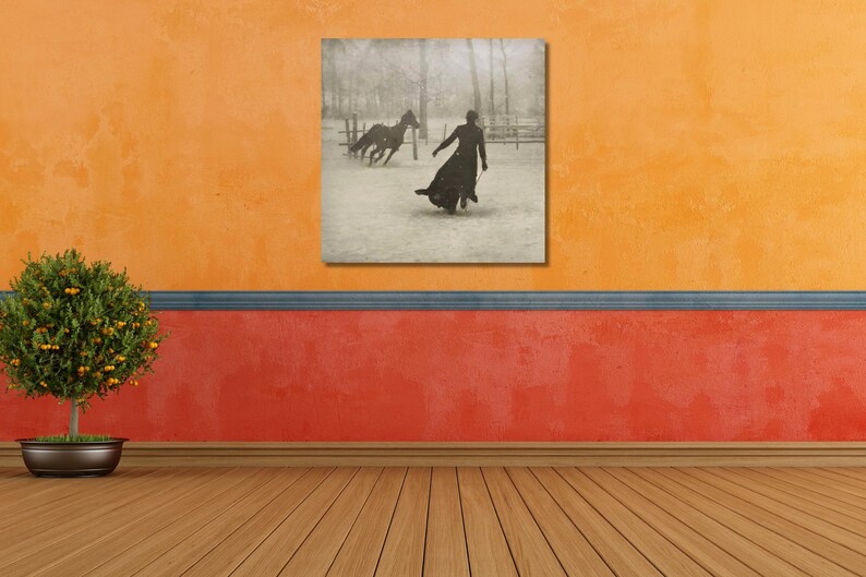 May include: A black and white photograph of a woman in a long coat walking away from two horses in a snowy field.