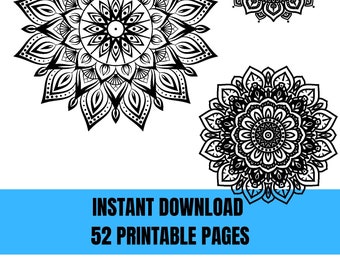 52 PAGINA'S Volwassen kleurboek voor meditatie en angstverlichting - Kleurplaten - Mandala - Instant Download - PDF - US Letter