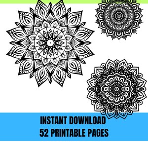 52 PAGES Adult Coloring Book for Meditation & Anxiety Relief - Coloring Pages - Mandala - Instant Download  - PDF - US Letter