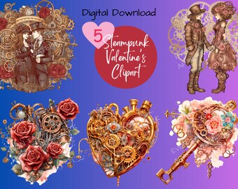 Steampunk Valentijnsdag digitale kunstset | Clipart downloaden | 300 DPI | PNG