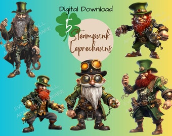 St. Patrick's Day Steampunk kabouters clipart collectie | Clipart downloaden | 300 DPI | PNG | 5 gevechtsklare kabouters