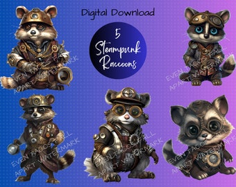 Steampunk wasberen digitaal artwork | Clipart downloaden | 300 DPI | PNG | 5 boshelpers