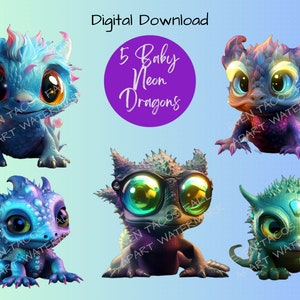 Baby Neon Dragons Clipart Collection | Dragon, PNG, Clipart, 300DPI, Digital