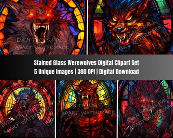 Gebrandschilderd glas weerwolven artwork set | Digitale clipart downloaden | 300 DPI | PNG | Sublimatie | Ontwerp