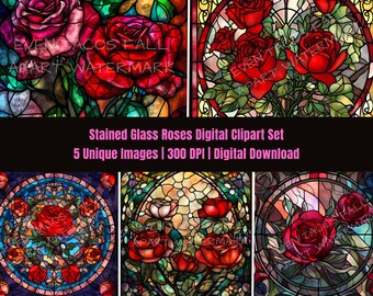 Gebrandschilderd glas rozen digitale kunstset | Digitale download | 300 DPI | PNG | Sublimatie | Ontwerp