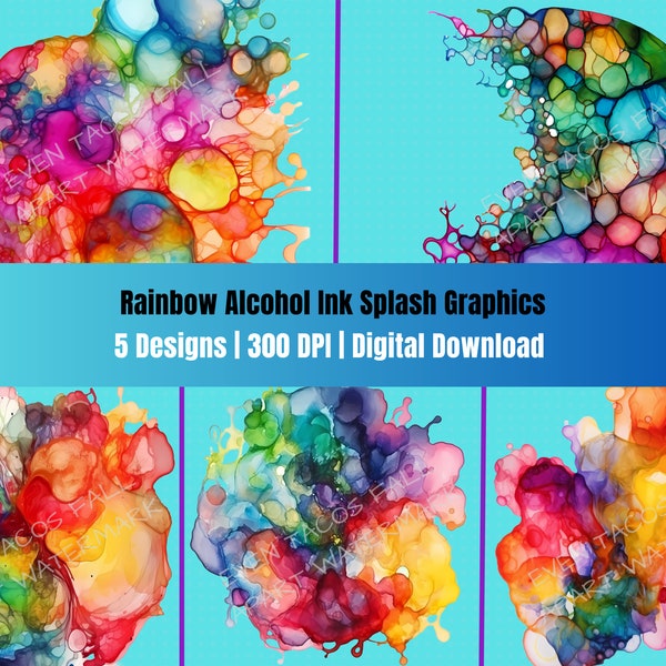 Rainbow Alcohol Ink Abstract Clipart - Digital Download of 5 Graphics - Images - PNG - 300 DPI