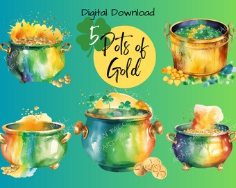 St. Patrick's Day aquarel potten met gouden clipart collectie | Clipart downloaden | 300 DPI | PNG