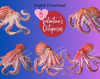 Brutale Octopus Clipart Set voor Valentijnsdag en creatieve projecten | Octopus PNG, Clipart, Digitale Download, 300 DPI