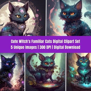 Cute Witch&#39;s Familiar Cats Digital Art Set | Digital Clipart Download | 300 DPI | PNG | Sublimation | Design