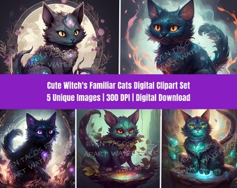 Leuke heks bekende katten digitale kunstset | Digitale clipart downloaden | 300 DPI | PNG | Sublimatie | Ontwerp