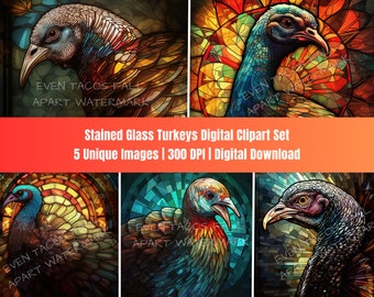 Gebrandschilderd glas kalkoenen artwork set | Digitale clipart downloaden | 300 DPI | PNG | Sublimatie | Ontwerp