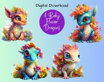 Sweet Baby Flower Dragons, Dragon PNG, Clipart, PNG Digital, schattige babydraken