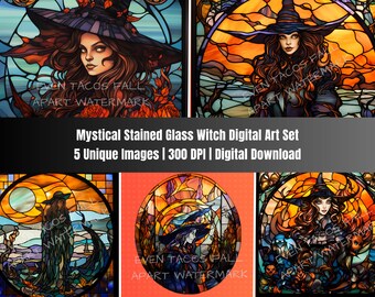 Mystieke glas-in-lood heks artwork set | Digitale download | 300 DPI | PNG | Sublimatie | Ontwerp
