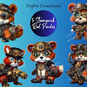 Arte digital Steampunk Red Pandas / Abrazando la adversidad / Descarga de imágenes prediseñadas / 300 DPI / PNG / 5 Pandas rojos listos para la batalla
