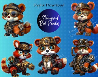 Steampunk rode panda's digitaal artwork | Tegenslag omarmen | Clipart downloaden | 300 DPI | PNG | 5 gevechtsklare rode panda's