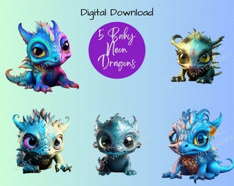 Baby Draken & Neonlichten Clipart Collectie | Draak, PNG, clipart, 300DPI, digitaal