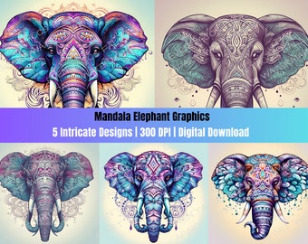 Mandala Elephant-collectie met achtergronden met kleurovergang, 5 digitale kunstwerken, Clipart, PNG, 300 DPI