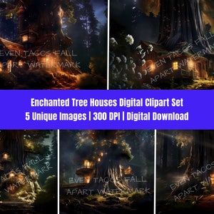 Habitations dans les arbres de la forêt fantastique | Clipart | Téléchargement d'art numérique | 300 ppp | PNG