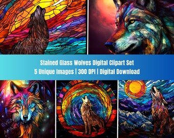 Gebrandschilderd glas wolven artwork set | Digitale clipart downloaden | 300 DPI | PNG | Sublimatie | Ontwerp