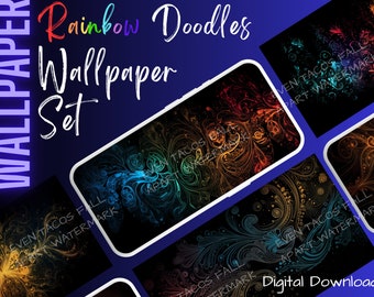 Rainbow Doodles & Abstract Bursts Wallpaper Set voor desktop en telefoon | Digitale kunst downloaden | 300 DPI | PNG