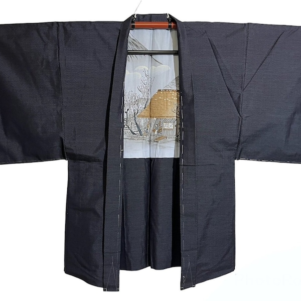 Tsumugi Silk Men's Haori. Kimono Coat with the design of the Tokaido 53 stations with the artist's sign. Dated Japan Shōwa period