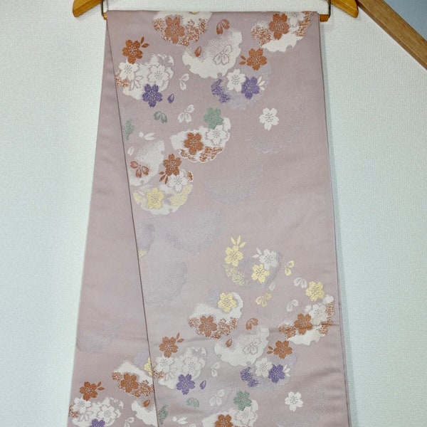 Beautiful pink silk Fukuro Obi - with floral design - Japan Showa/Heisei Period