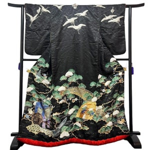 Antique beautiful black silk Iro-uchikake kimono with designs of cranes and pine trees. Dated Japan - Taishō Period (1912-1926)