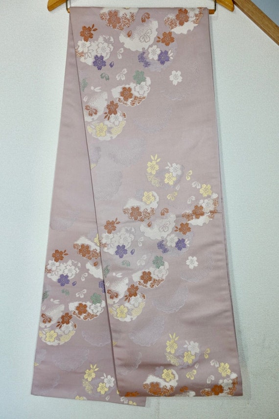 Beautiful pink silk Fukuro Obi - with floral desig