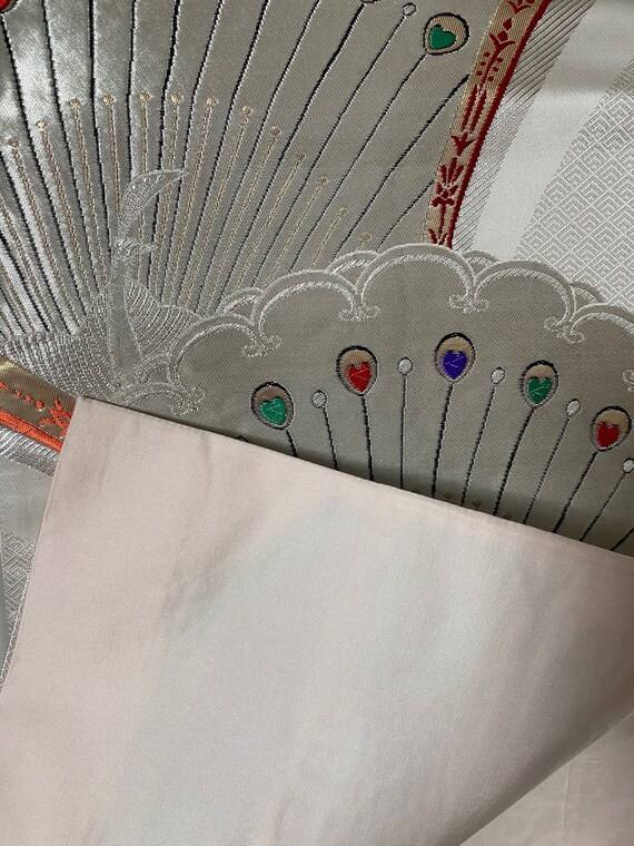 Fukuro Obi silk kimono belt with design of a peac… - image 6