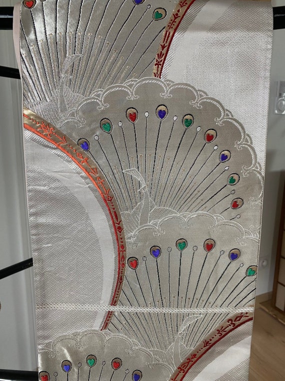 Fukuro Obi silk kimono belt with design of a peac… - image 1