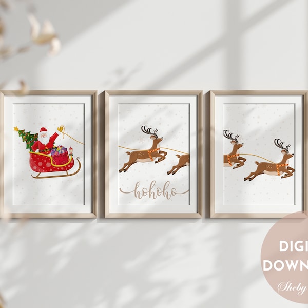 Gallery Set of 3 Christmas Santa Claus with a Sleigh Prints, Christmas Printable Wall Art, Santa Claus With Reindeers Printable