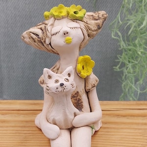 Angel Girl/Fairy with Cat Ceramic Angel to be placed on Shelf or Pet Urn, Handmade Gift Homedecor present for Pet lover ceramic figurine