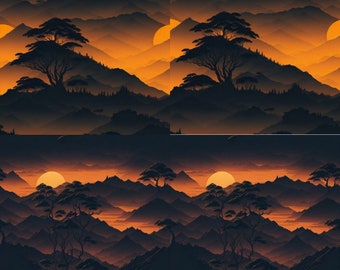 ketch-style Digital Print: Orange Sunset over Mountains and Trees
