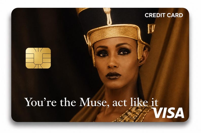 K&ouml;nnte beinhalten: Kreditkarte mit Goldchip und VISA-Logo. Die Karte zeigt eine Frau mit goldener Kopfbedeckung und dem Text "You're the Muse, act like it". Der Hintergrund ist dunkel mit einem goldenen Vorhang.