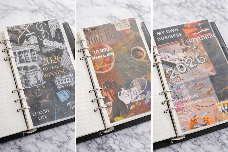 May include: Three open black ring binder planners with lined pages. Each planner has a decorative cover with text and images. The first says "2026 My Year of Winning" and "Luxury Life". The second says "Care For Your Body" and "10,000 steps a day". The third says "My Own Business" and "Everything".
