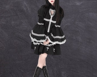 Black & White Cross Decorated Gothic Lolita Dress, Gothic Maid Dress, Maid Outfit, Goth Maid Cosplay