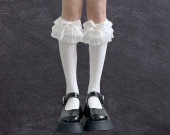 Ribbon Decorated Knee High Lolita Socks, Cotton Socks, Waifu Socks, French Maid Socks