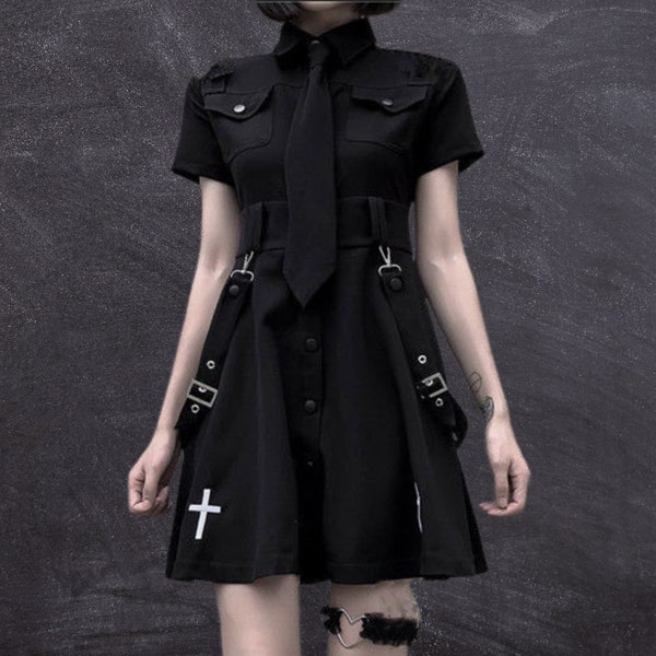 Vestido gótico, vestido grunge, vestido abotonado, vestido de cuello enrollado con corbata, vestido Lolita decorado con cruz, vestido Techwear negro
