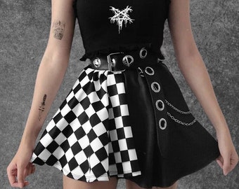 Half Checkerd High Waist Mini Skirt, Emo Skirt, Mini Skirt, Alt Clothing, Goth Skirt, Punk Skirt, Above Knee Skirt, Elastic Waistband Skirt