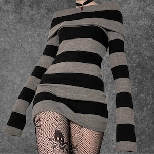 Black Striped Sweatdress, Alt Clothing, Grunge Clothing, Pullover Sweatdress, Fairy Grunge, Gothic Clothing, Above Knee Sweatdress