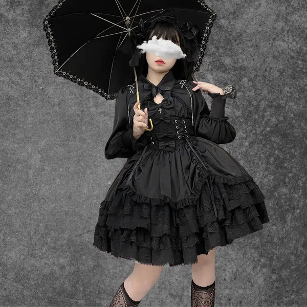 Gothic Lolita Kleid, Fairycore, Harajuku, Vintage Goth Kleid, Viktorianisches Punk Kleid, Schwarzes Gothic Kleid, Goth Kleidung,Y2K Kleidung,Maxi Kleid