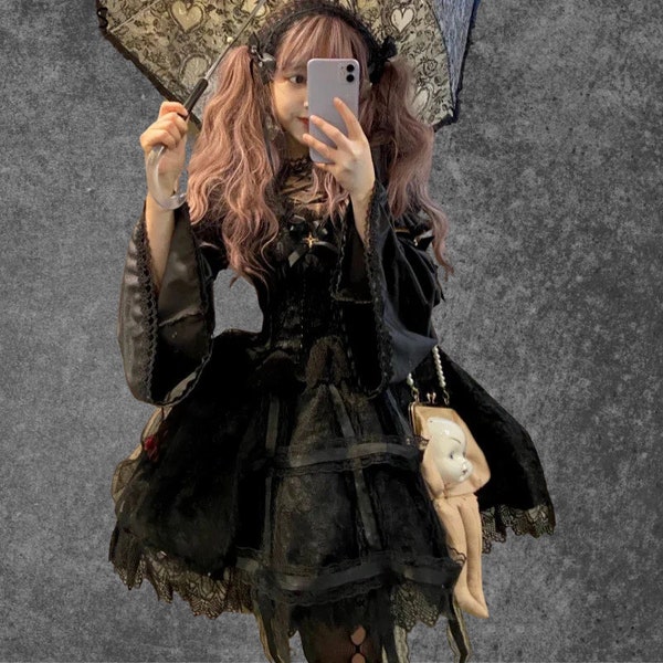 robe goth noire vintage, robe gothique lolita, fée grunge, vêtements gothiques, robe Y2K, robe victorienne, robe gothique noire, robe taille haute