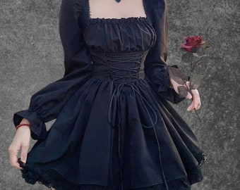 Goth Fluffy Dress, Y2K Clothing, Goth Clothes, Gothic Lolita, Black Dress, Long Sleeve Dress, Goth Aesthetic, High Waist Dress, Harajuku