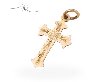 9ct Gold Engraved Cross Crucifix Pendant, Decorative Cross Charm, 2.8cm Pendant, Faith Pendant Gift