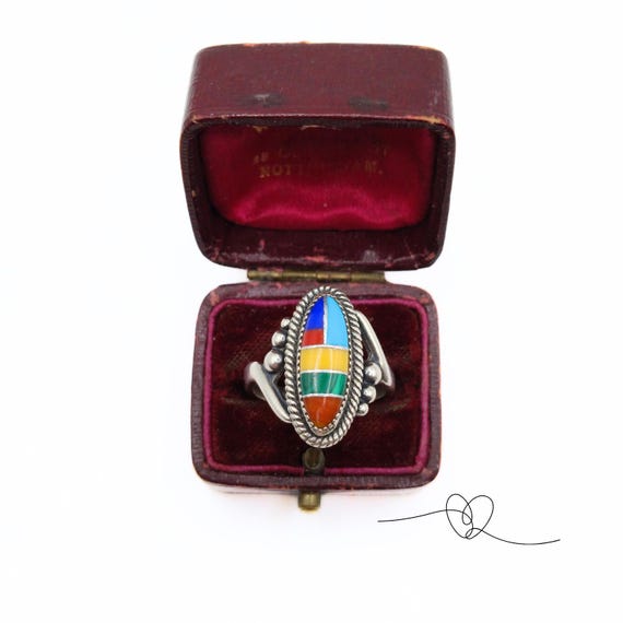Sterling Silver Multi Stone Inlay ring - 925 Silver ladies ring size N - Vintage 925 Sterling Silver